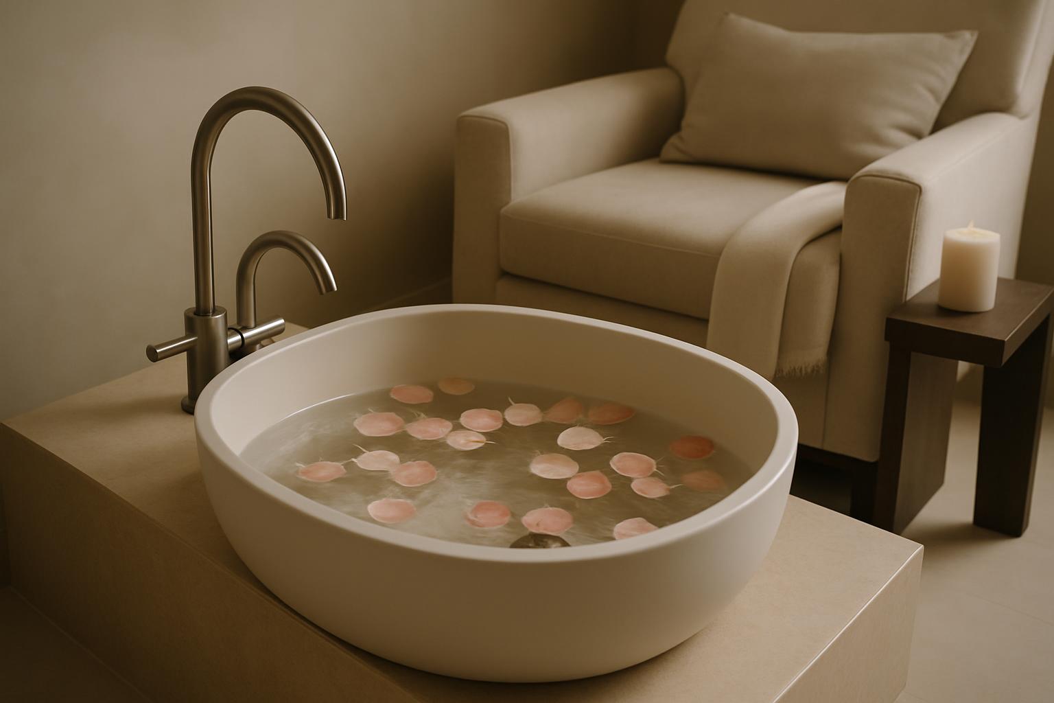 alt text: A white porcelain bowl filled with clear water and pink flower petals sits on the edge of a minimalist bathroom ...